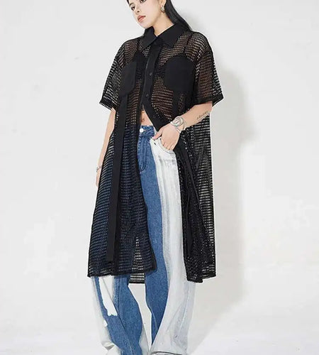 Women Black Mesh Perspective Midi Big Size Shirt Dress New Lapel Short Sleeve Fashion Tide Spring Summer 2025 1DH4934