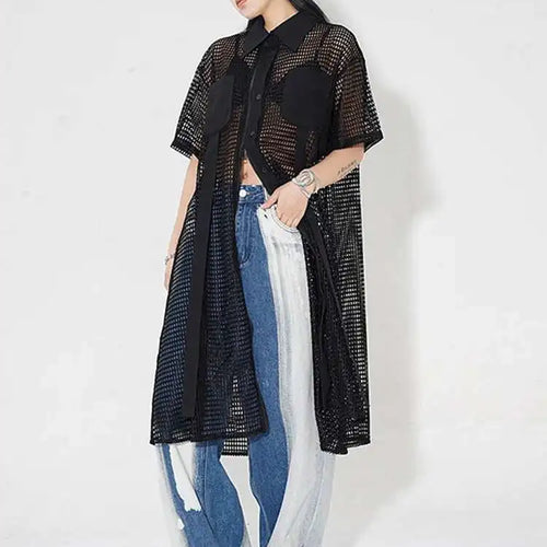 Load image into Gallery viewer, Women Black Mesh Perspective Midi Big Size Shirt Dress New Lapel Short Sleeve Fashion Tide Spring Summer 2025 1DH4934
