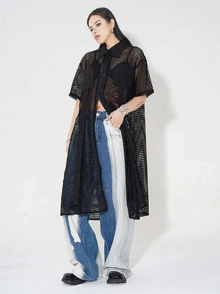 Women Black Mesh Perspective Midi Big Size Shirt Dress New Lapel Short Sleeve Fashion Tide Spring Summer 2025 1DH4934