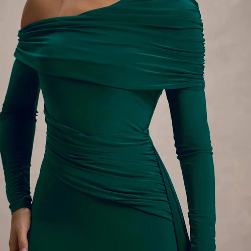 Load image into Gallery viewer, Skew Collar Long Sleeve Sexy Maxi Dress For Women Gown Fashion Backless Draped Ruched Bodycon Club Long Dress Elegant
