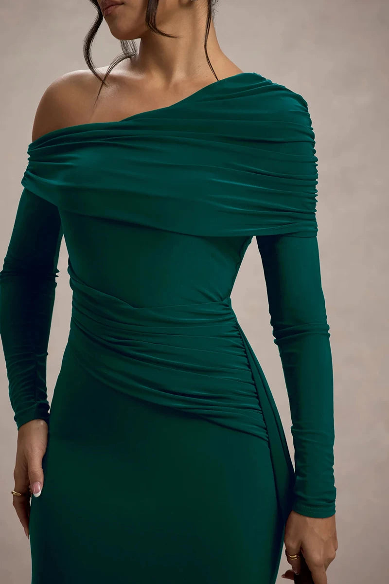 Skew Collar Long Sleeve Sexy Maxi Dress For Women Gown Fashion Backless Draped Ruched Bodycon Club Long Dress Elegant