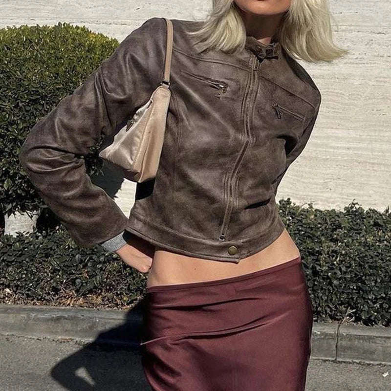 Streetwear Vintage Maillard Leather Jacket Female Autumn Winter Zip Up Coat Fashion Chic Distressed Jackets Brown New