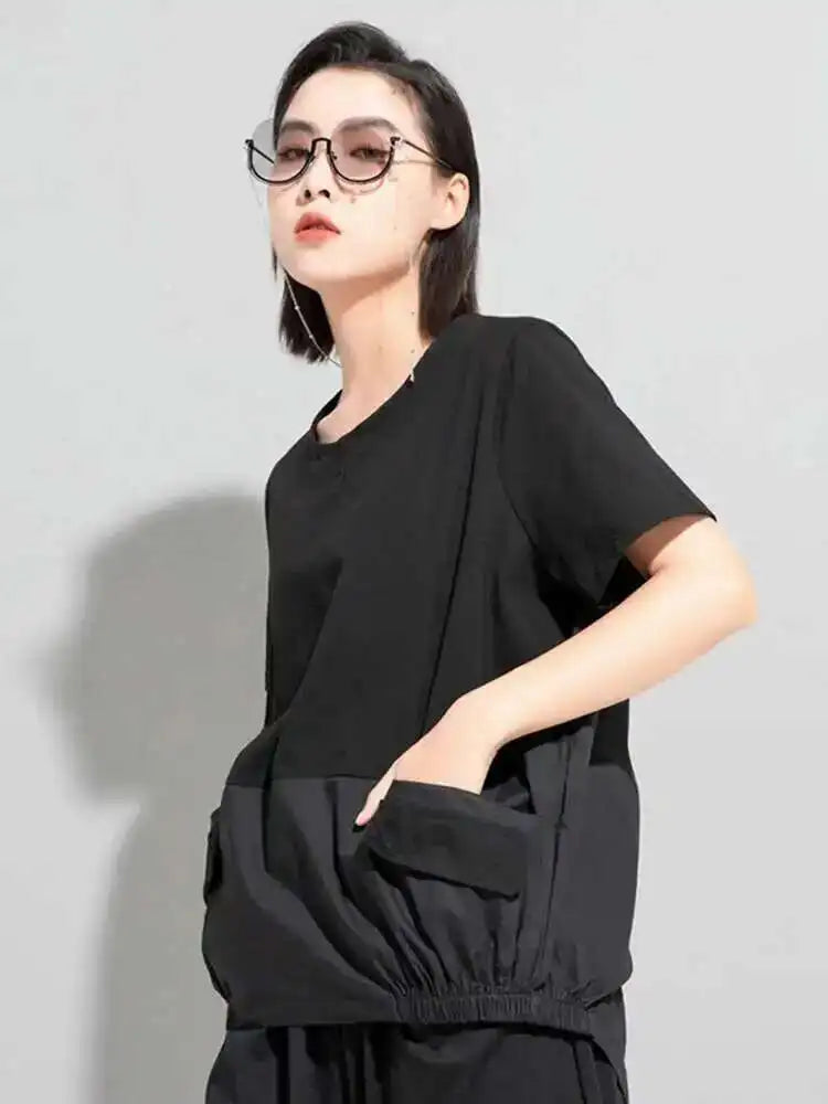 Women Black Big Size Irregular Spliced Pockets T-shirt New Round Neck Short Sleeve Fashion Tide Spring Summer 2025 1DD8085