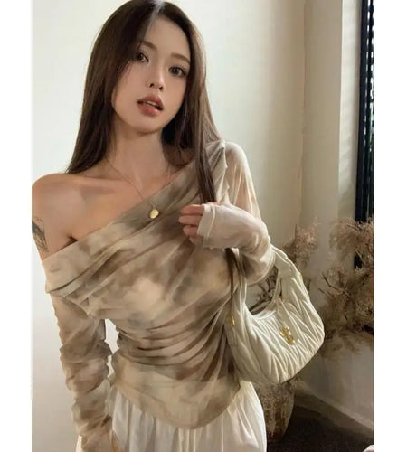 Slash Neck Long Sleeve Tshirts Women Crop Tops Chic Tie-dye Crop Tops Summer Tees Fashion Casual Sexy See Throught Y2k T Shirt