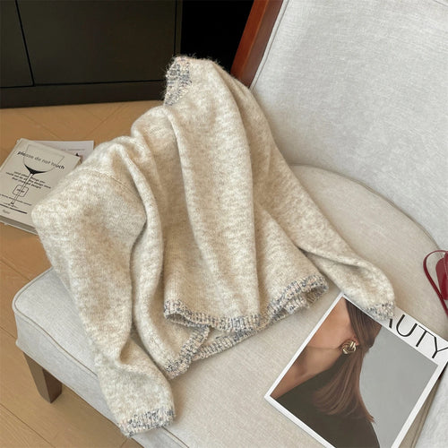 Load image into Gallery viewer, Korean Simple Khaki Long Sleeves Loose Knit Crochet Sweater Women's Round Neck Office Lady Short Pullover Tops Autumn Winter New
