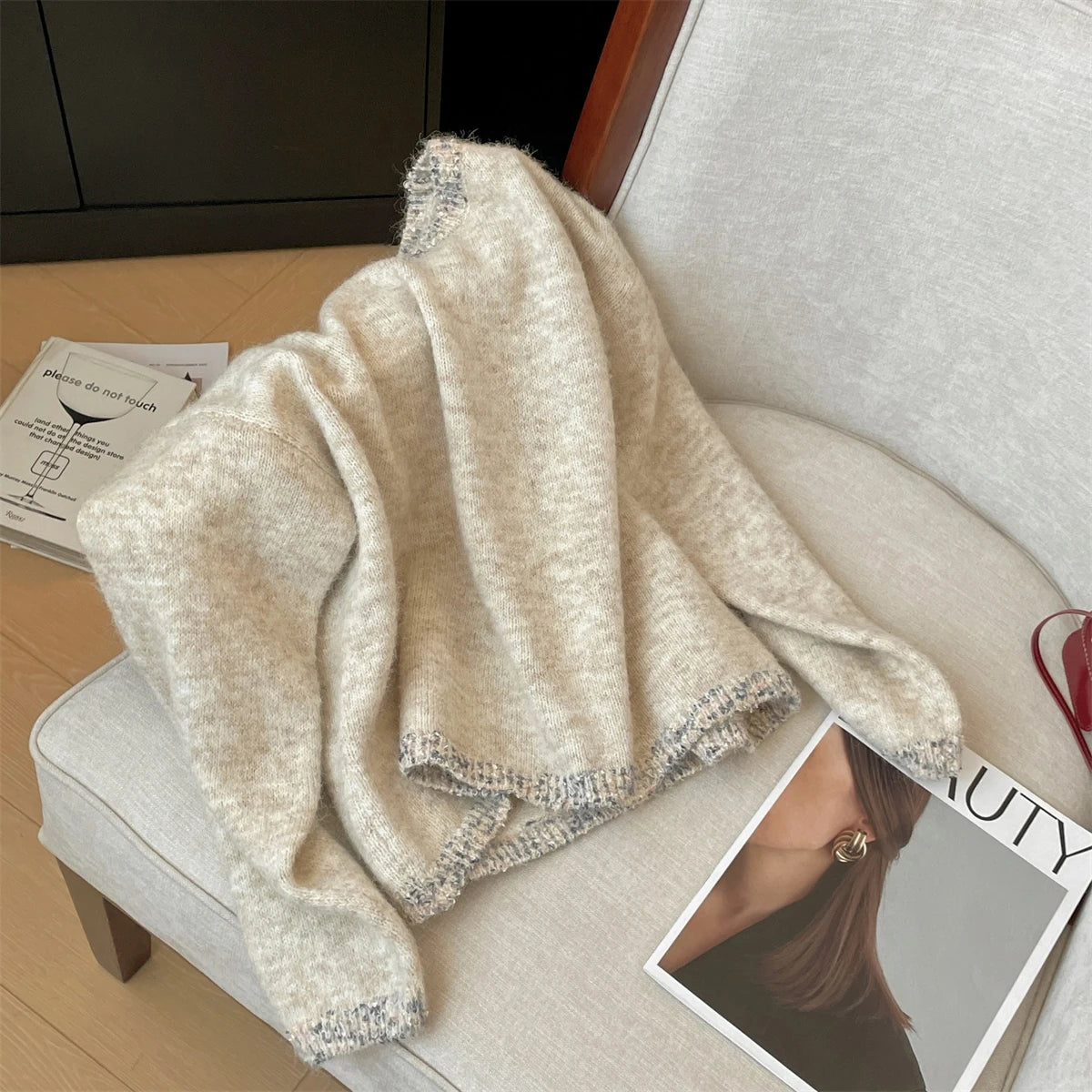 Korean Simple Khaki Long Sleeves Loose Knit Crochet Sweater Women's Round Neck Office Lady Short Pullover Tops Autumn Winter New