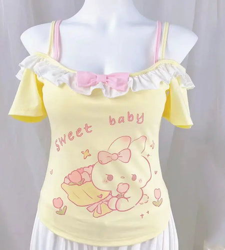 Ropa Mujer Sweet Woman T Shirts Slash Neck Short Sleeve Tees Fashion Japnese Camisetas Y2k Tops Ruffles Anime Cute Tshirts