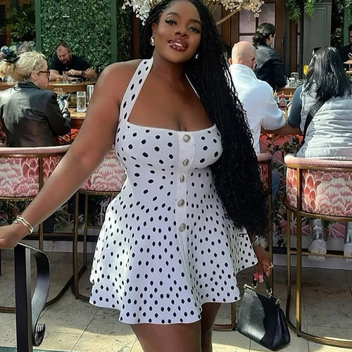 Load image into Gallery viewer, Halter Backless Polka Dot Dress For Women Fashion Square Collar Sleeveless High Waist A-line Knit Mini Dress Elegant
