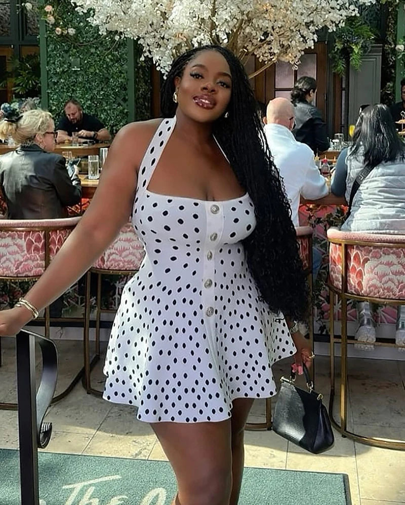 Halter Backless Polka Dot Dress For Women Fashion Square Collar Sleeveless High Waist A-line Knit Mini Dress Elegant