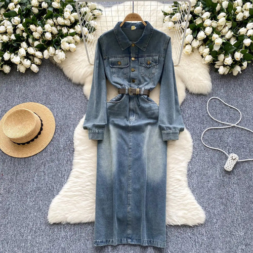 Load image into Gallery viewer, Autumn Retro Blue Long Sleeves Single Breasted Denim Long Dress Korean Fashion Women Slim High Waist A-line Jeans Dresses Simple
