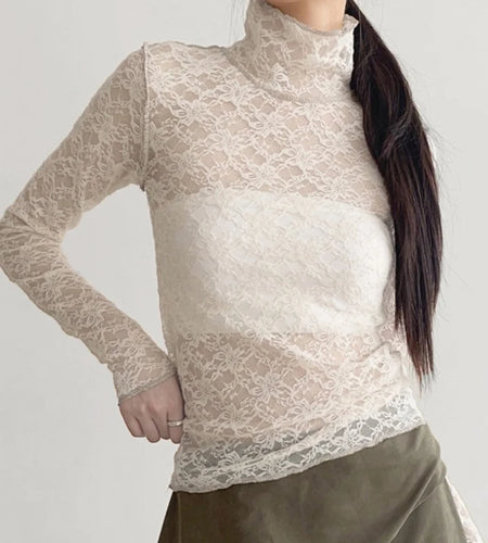 Fashion White Stitch Chic Lace Shirt Women Turtleneck See Through Sexy Top Outfits Streetwear Slim T-shirts Elegant