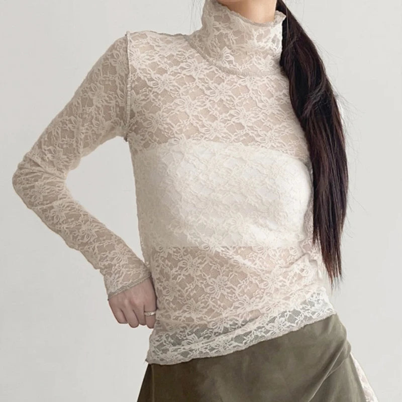 Fashion White Stitch Chic Lace Shirt Women Turtleneck See Through Sexy Top Outfits Streetwear Slim T-shirts Elegant