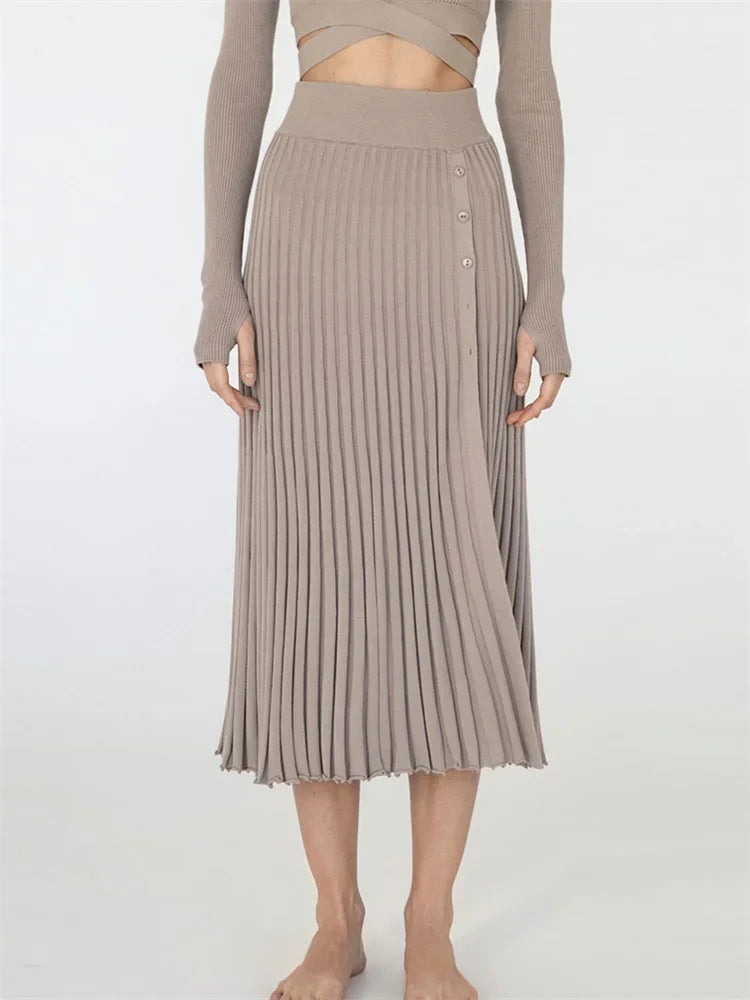 White Knit Two Piece Women Sets Fall Ribbed Crop Top And Pleated Knitted Skirt Suits For Women Midi Dress Sets 2022