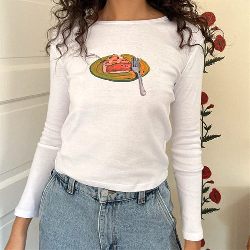 Load image into Gallery viewer, y2k Crop Top 2000s Women Graphic Cherry/Cake Print Round Neck Long Sleeve T Shirt Aesthetic Clothing White Streetwear
