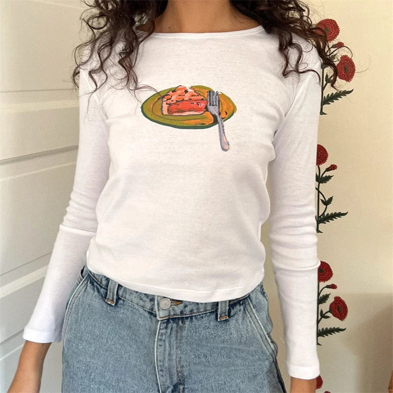 y2k Crop Top 2000s Women Graphic Cherry/Cake Print Round Neck Long Sleeve T Shirt Aesthetic Clothing White Streetwear