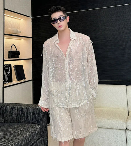 Casual Shorts Men's Korean Style Trend Sequin Tassel Solid Color Fashion Elastic Waist Male Pants Summer 9C5317