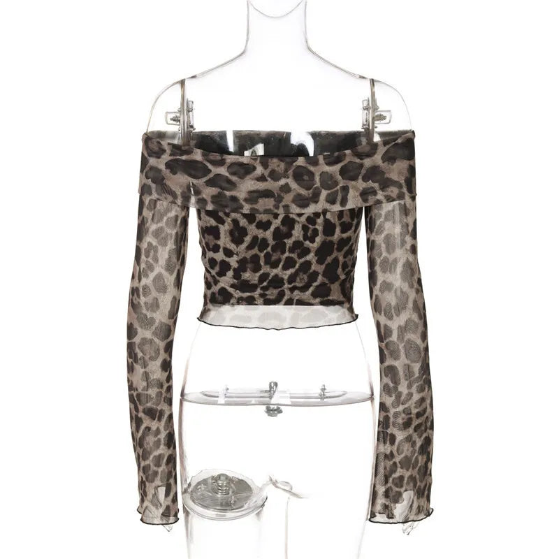 Leopard Print Long Sleeve T-shirt Women Off-shoulder Backless Crop Tops Female Fashion Printed Strapless Tees Tops