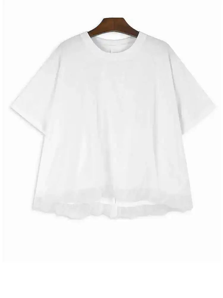 Women Apricot Double Layers Mesh Big Size Casual T-shirt New Round Neck Short Sleeve Fashion Spring Summer 2025 1DH6306