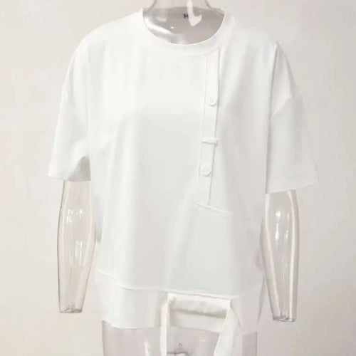 Load image into Gallery viewer, Women White Irregular Spliced Big Size Casual T-shirt New Round Neck Short Sleeve Fashion Tide Spring Summer 2025 1DH5360
