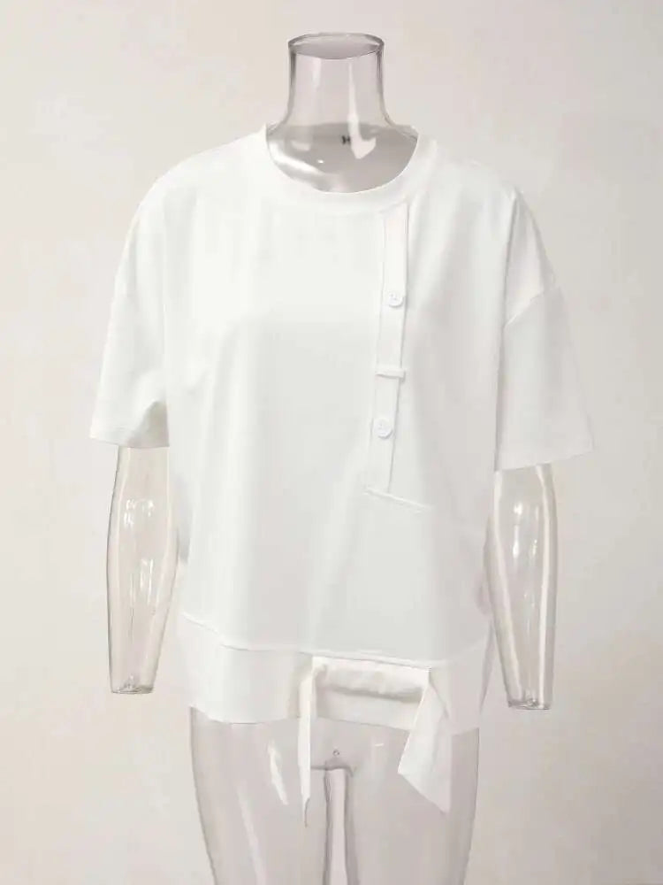 Women White Irregular Spliced Big Size Casual T-shirt New Round Neck Short Sleeve Fashion Tide Spring Summer 2025 1DH5360