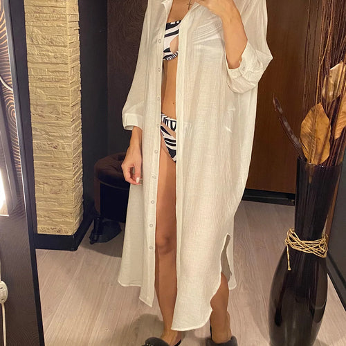 Load image into Gallery viewer, Summer White Shirt Long Sleeve Top Cotton Tunic Beach Cover Up Cover-ups Beach Dress Beach Wear Beachwear Female Women V4249
