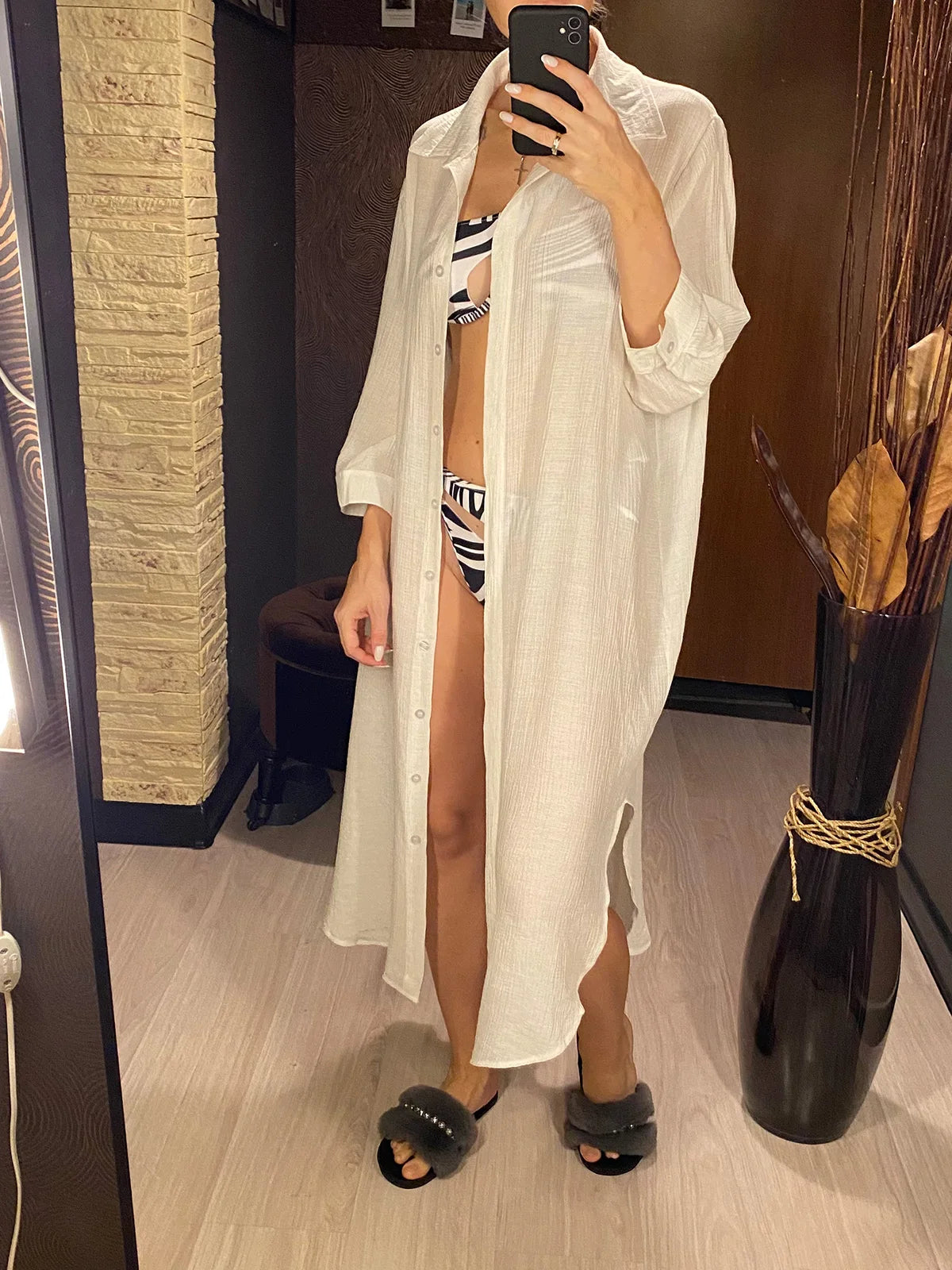 Summer White Shirt Long Sleeve Top Cotton Tunic Beach Cover Up Cover-ups Beach Dress Beach Wear Beachwear Female Women V4249