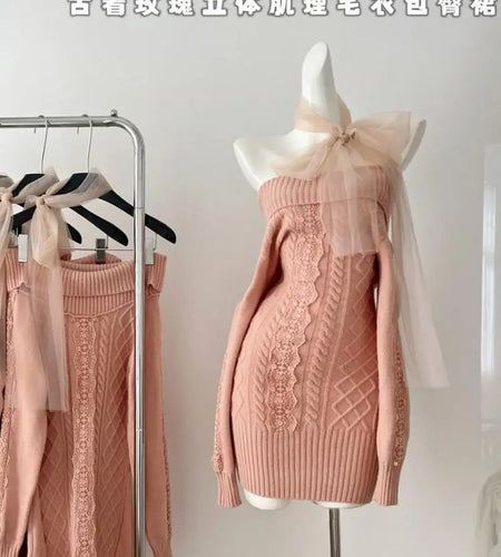 Autumn Winter New Pink Lace Off Shoulder Elegant Knit Dress Women Long Sleeve Slim French Vintage Festival Party Short Dresses