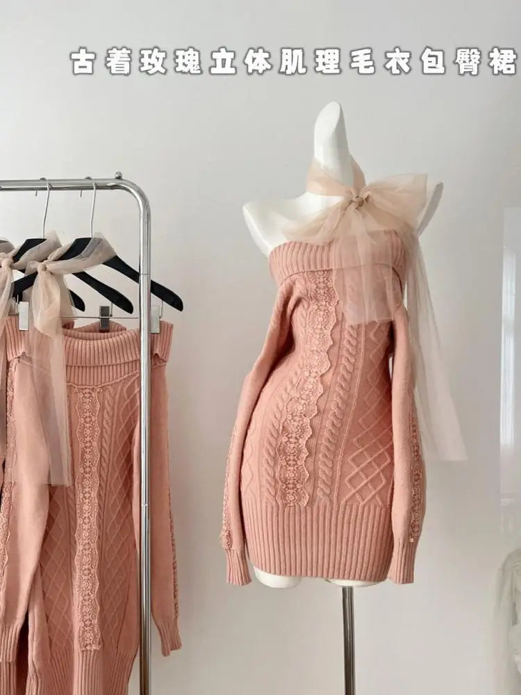 Autumn Winter New Pink Lace Off Shoulder Elegant Knit Dress Women Long Sleeve Slim French Vintage Festival Party Short Dresses