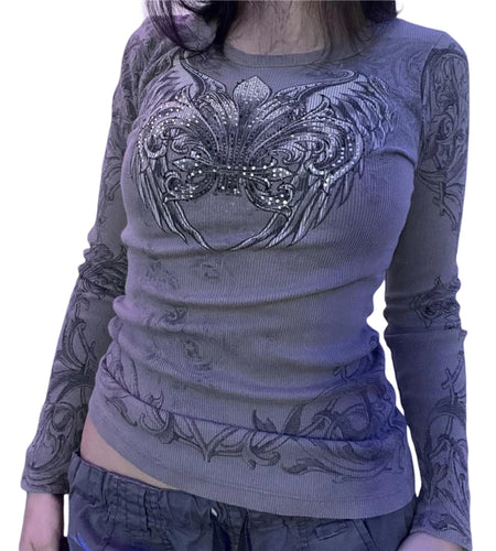 Fairycore Grunge Retro Top y2k Women Graphic Wings Print Round Neck Long Sleeve T Shirt Aesthetic Clothing Streetwear