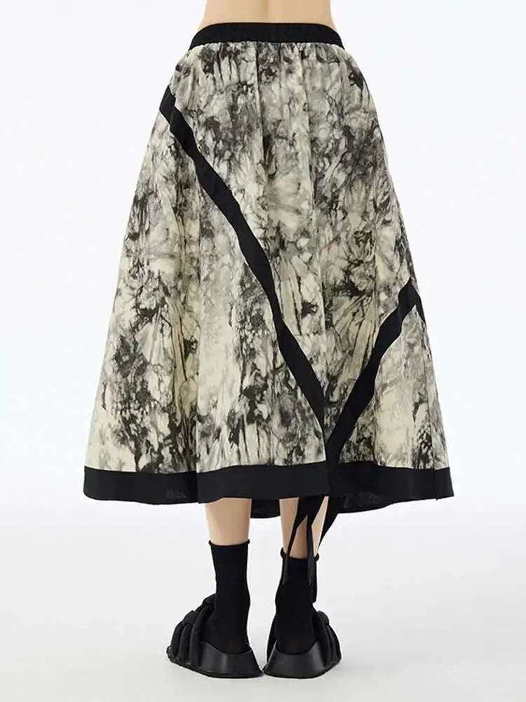 High Elastic Waist Black Tie Dye Ribbons Spliced A-line Half-body Skirt Women Fashion Tide New Spring Autumn 2025 1DH6608