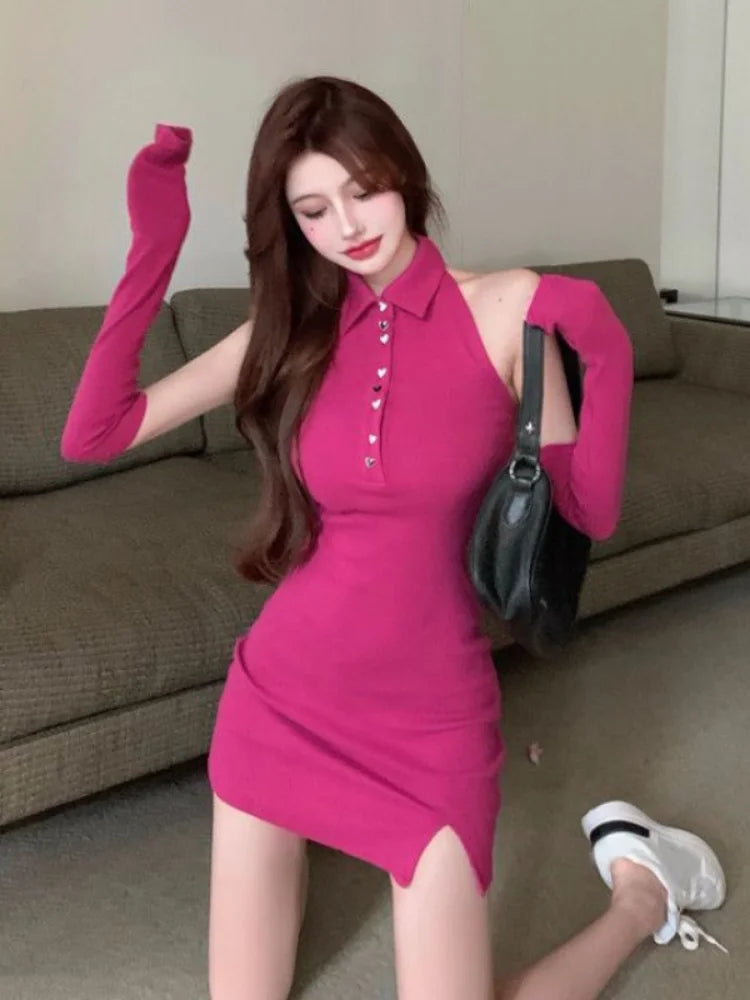 Y2k Sexy Halter Mini Dress Backless Bodycon Korean Fashion Kpop Streetwear Short Dresses with Sleeves Polo Collar
