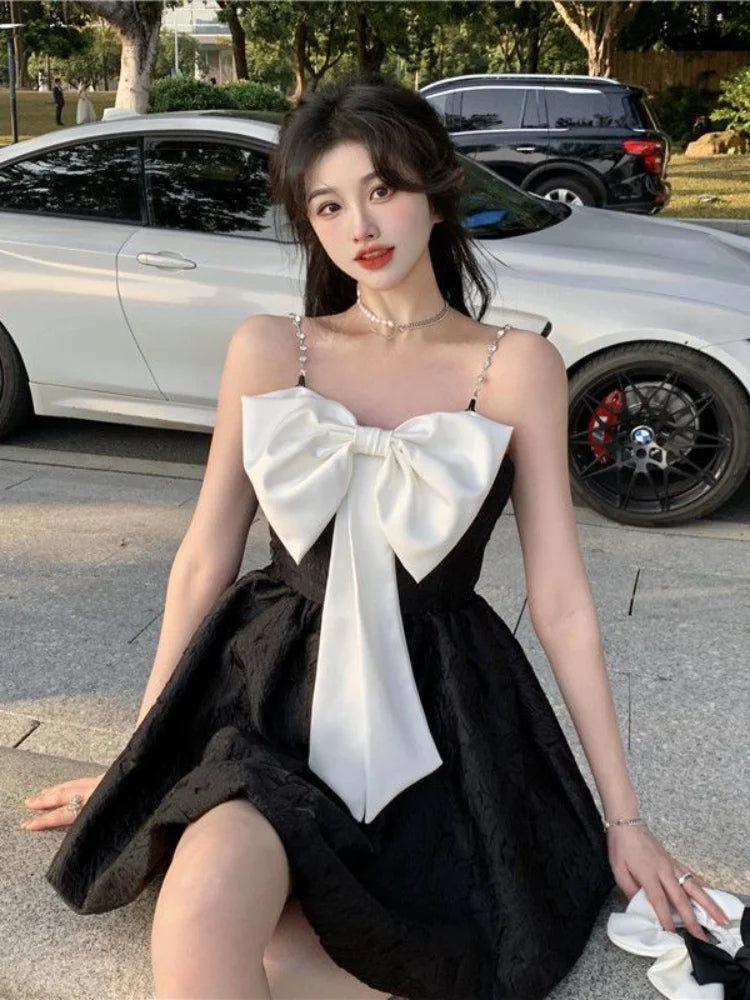 Sweet Kawaii White Slip Dress Women Korean Fashion Kpop Designer Party Spaghetti Strap Mini Short Dresses Bow Outfits