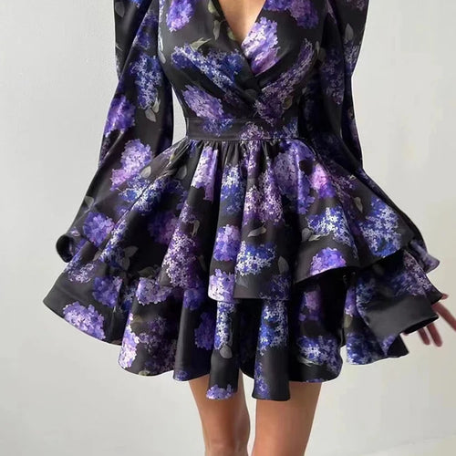 Load image into Gallery viewer, Hit Color Floral Printing Elegant Short Dresses For Women V Neck Long Sleeve High Waist Temperament Slimming Dress Female
