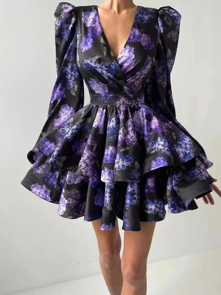 Hit Color Floral Printing Elegant Short Dresses For Women V Neck Long Sleeve High Waist Temperament Slimming Dress Female