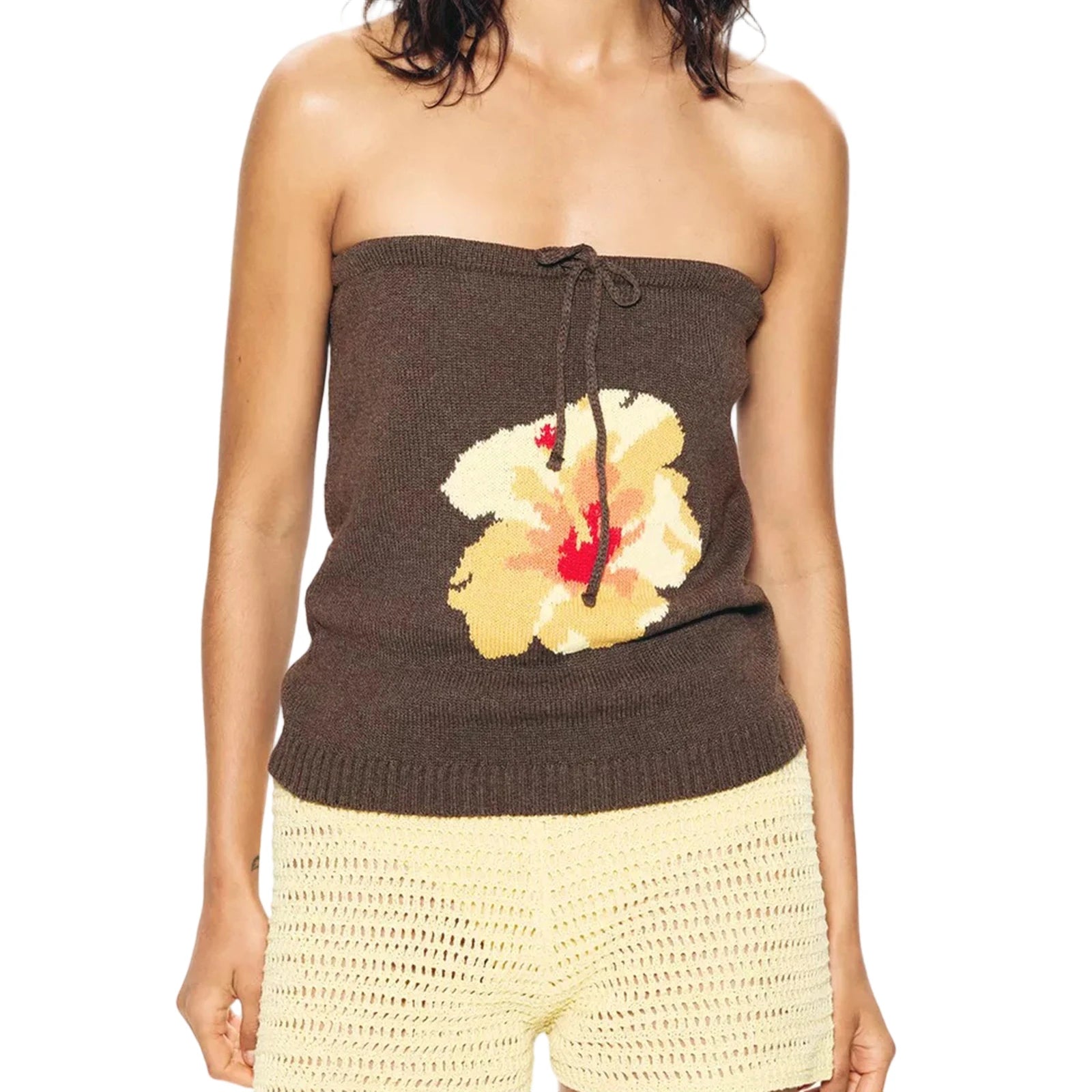 y2k Off Shoulder Tops Women Floral Pattern Strapless Bow Tie Front Knitted Tube T Shirts Vest 2000s Clothes Beachwear