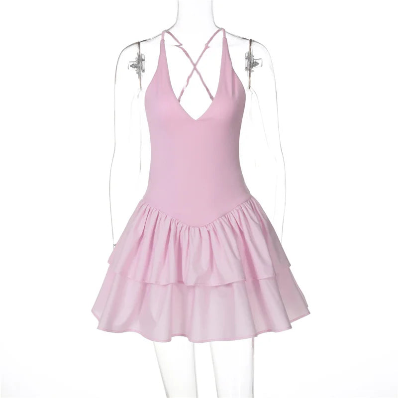 Halter V Neck Ruffle Mini Dress Women Robe Summer New Patchwork Spaghetti Strap Sleeveless High Waist A-line Dress