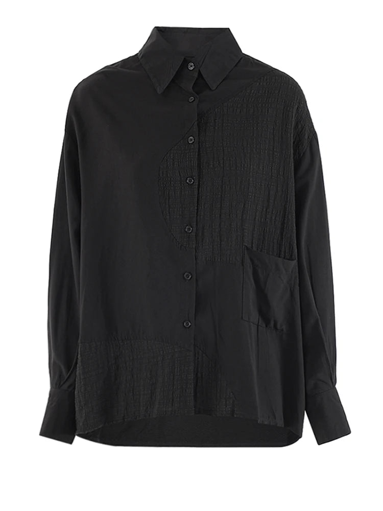 Women Black Pleated Pocket Big Size Casual Blouse New Lapel Long Sleeve Shirt Fashion Tide Spring Autumn 2025 CPG1905