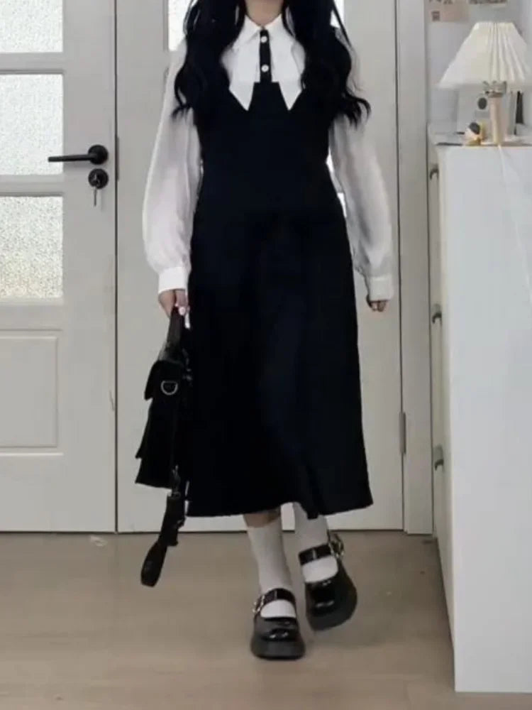 School Black Dress Women Preppy Style Sweet Student Kawaii Midi Dresses Korean Fashion Kpop Long Sleeve Robes Autumn