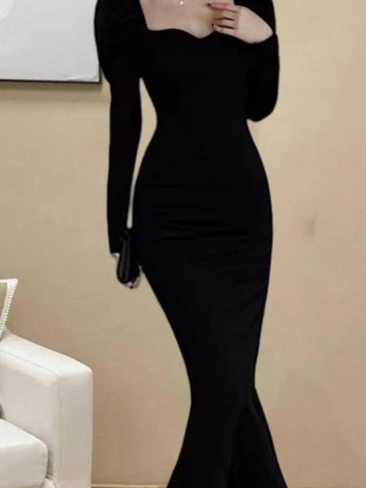 Korean Version Autumn Winter Black Square Neck Elegant Wrap Hip Dress Vintage Women Long Sleeves Knitted Fishtail Dress 2024 New