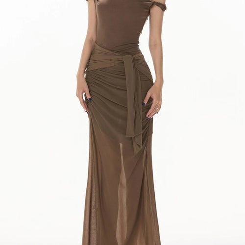 Load image into Gallery viewer, Slimming Sheer Spliced Folds Sexy Long Dresses for Women Slash Neck Off Shoulder Elegant Dress Female Clothing New
