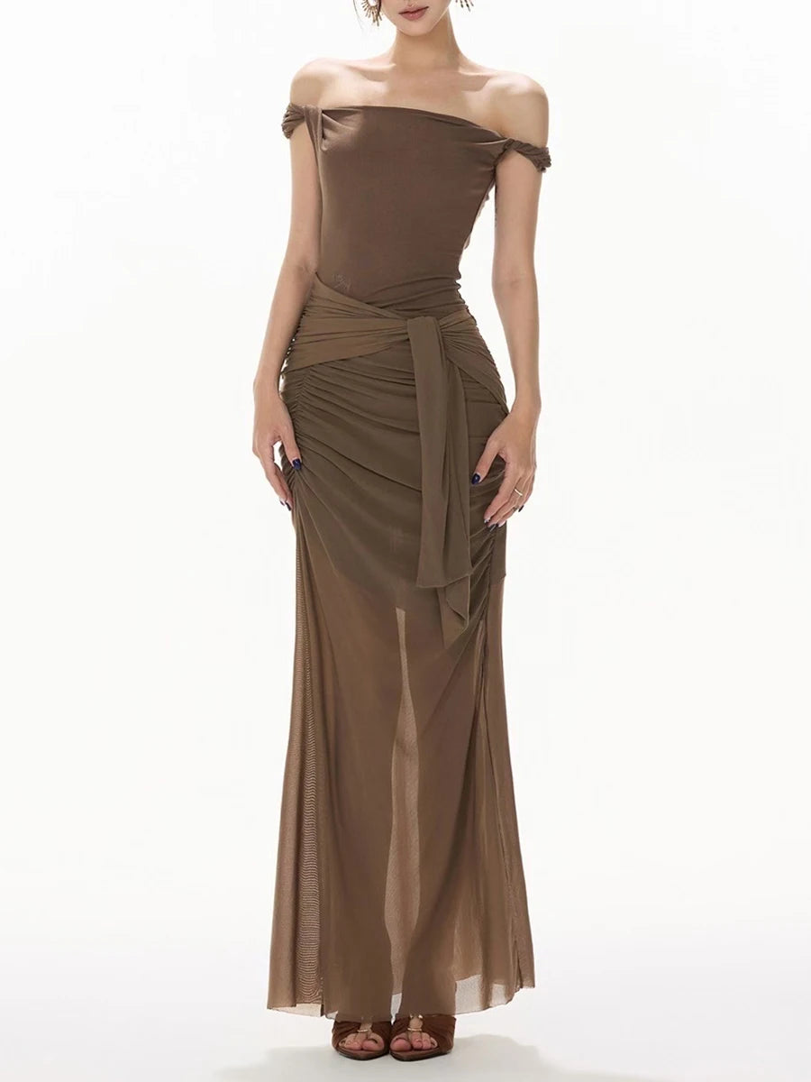 Slimming Sheer Spliced Folds Sexy Long Dresses for Women Slash Neck Off Shoulder Elegant Dress Female Clothing New