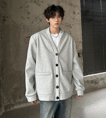 V-neck Men's Warm Top Single-breasted Pockets Solid Color Long Sleeve Korean Style Male Casual Jacket 2024 Autumn 9C9027