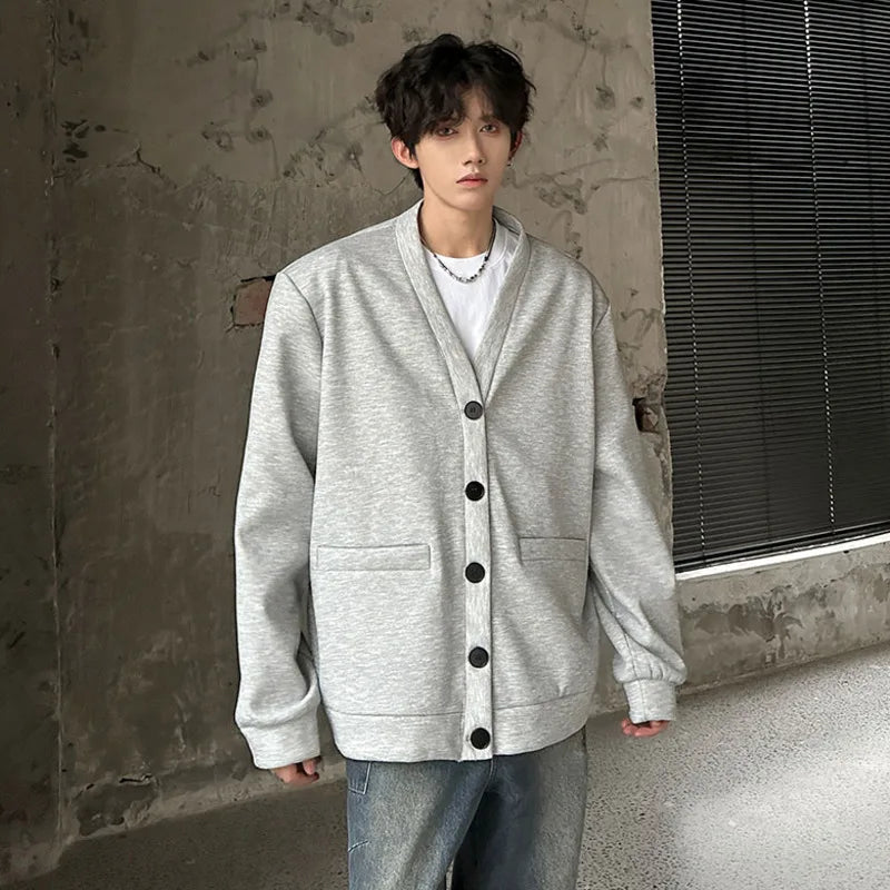 V-neck Men's Warm Top Single-breasted Pockets Solid Color Long Sleeve Korean Style Male Casual Jacket 2024 Autumn 9C9027