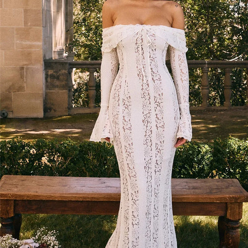 Load image into Gallery viewer, Floral Lace Off-shoulder Maxi Dress For Women White Strapless Backless Long Sleeve Bodycon Club Party Sexy Long Dress
