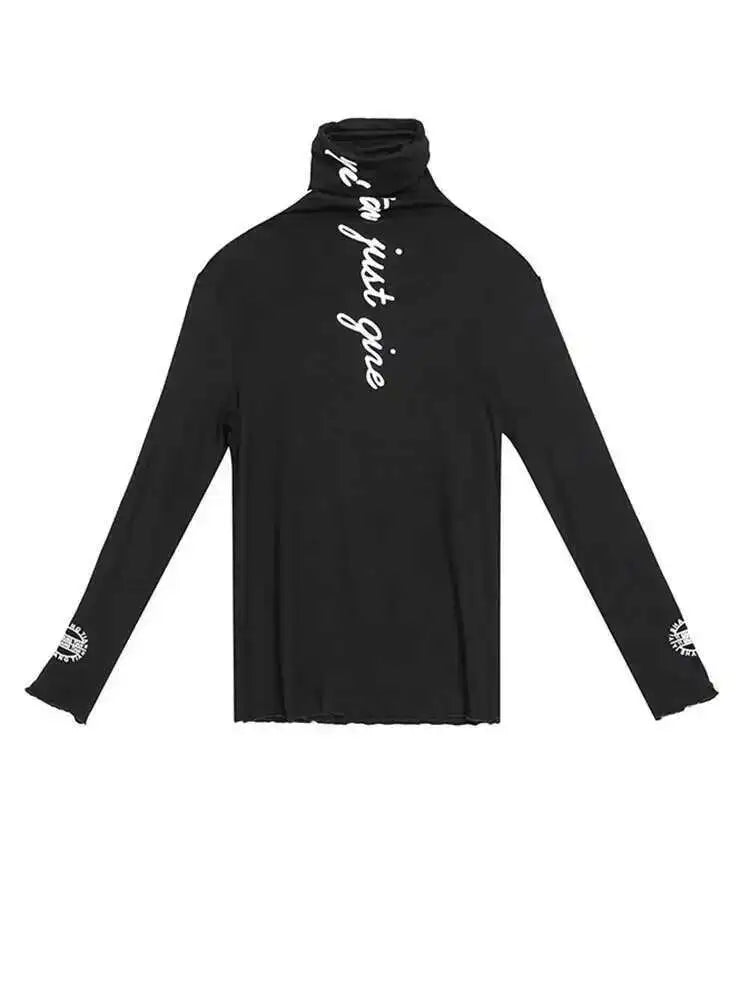 Women Black High Elastic Letter Slim Casual T-shirt New Turtleneck Long Sleeve Fashion Tide Spring Autumn 2025 1DF4640