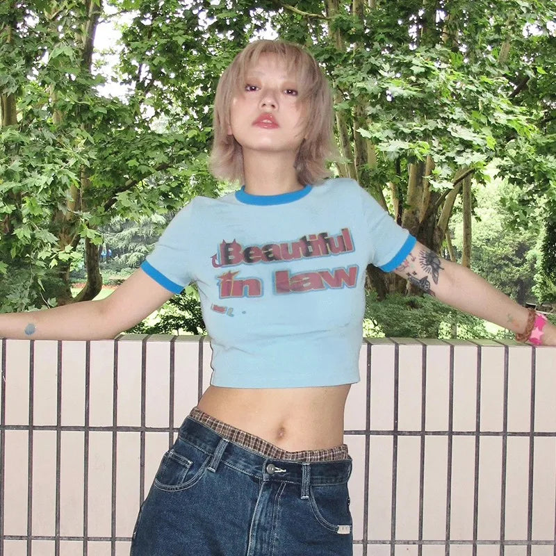 Japanese Y2k Letter Print T-shirt Vintage Harajuku Patchwork Crop Top 2000s Style Short Sleeve Tee Shirt American Retro