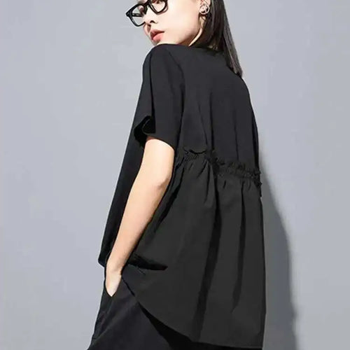 Load image into Gallery viewer, Women Green Back Long  Ruffles Big Size Casual T-shirt New Round Neck Short Sleeve Fashion Tide Spring Summer 2025 1DH5950
