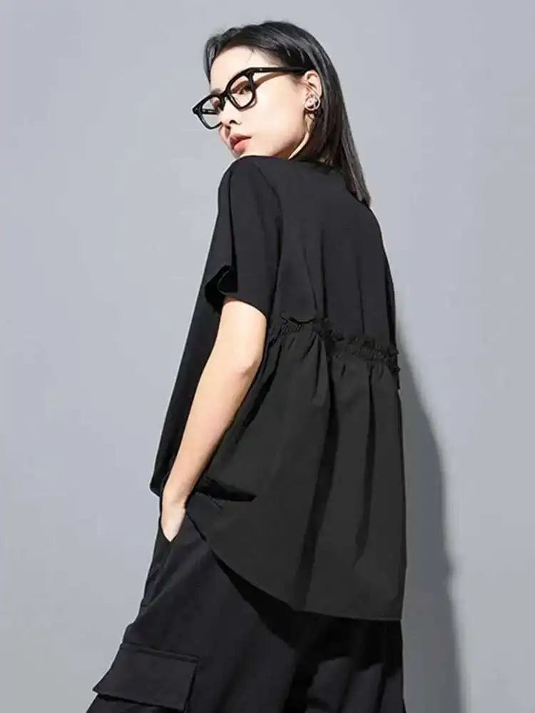 Women Green Back Long  Ruffles Big Size Casual T-shirt New Round Neck Short Sleeve Fashion Tide Spring Summer 2025 1DH5950