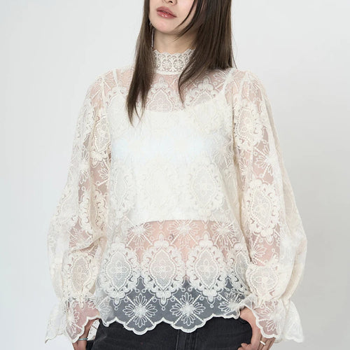 Load image into Gallery viewer, Women Apricot Lace Perspective Elegant T-shirt New Stand Collar Long Sleeve Fashion Tide Spring Autumn 2025 1DH9585
