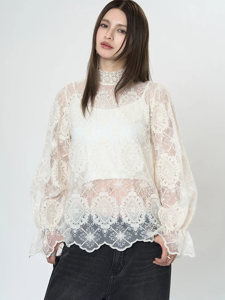 Women Apricot Lace Perspective Elegant T-shirt New Stand Collar Long Sleeve Fashion Tide Spring Autumn 2025 1DH9585
